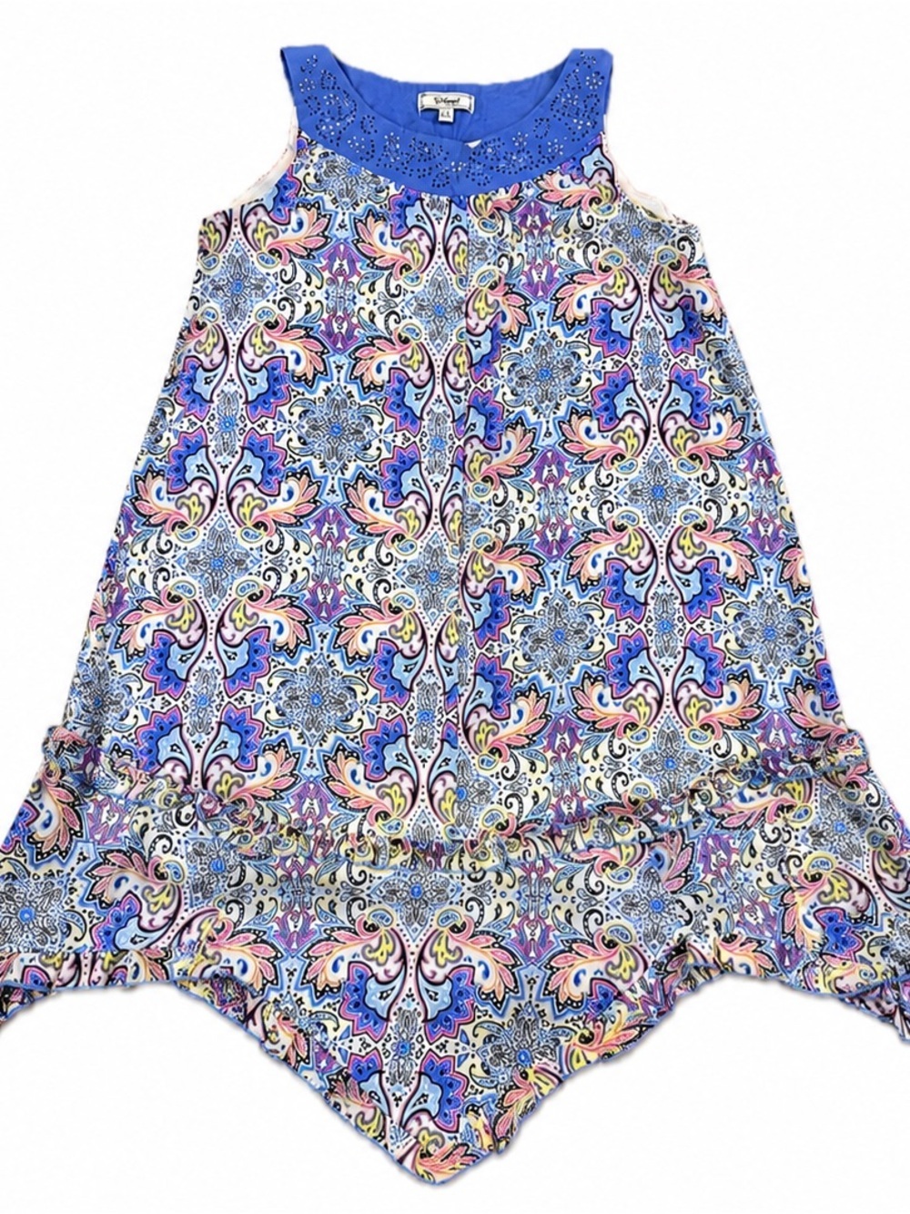 Girls Sleeveless Blue Multicolor Paisley Handkerchief Dress